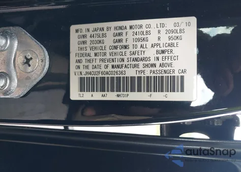 2010 Acura Tsx 2.4 из США, поврежденный, VIN JH4CU2F60AC026363